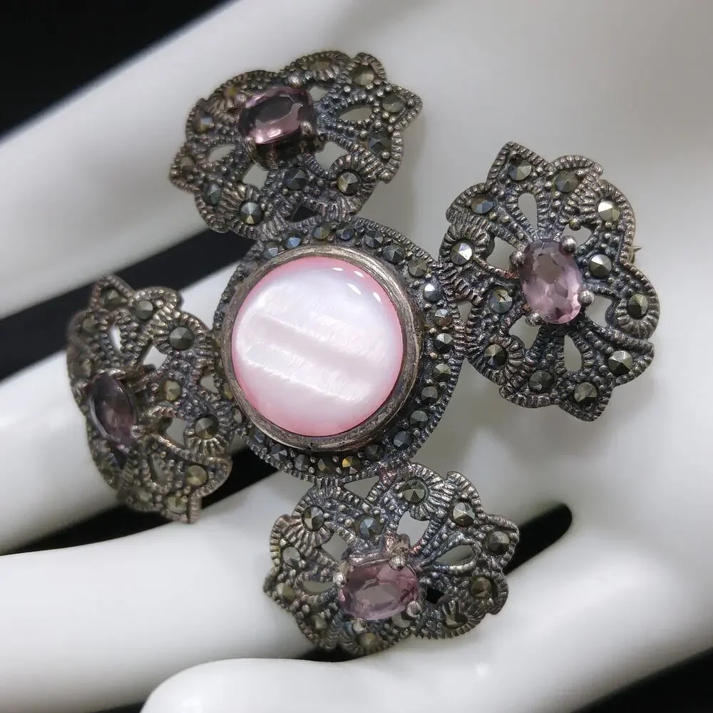 Sterling Marcasite Pink Shell Brooch, 925 NE, Purple Glass, 1950s Vintage